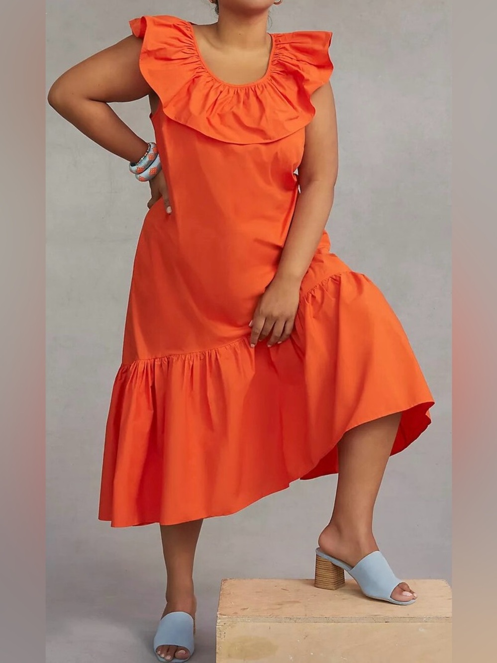 WHIT TWO Orange Ruffle High-Low Midi Dress